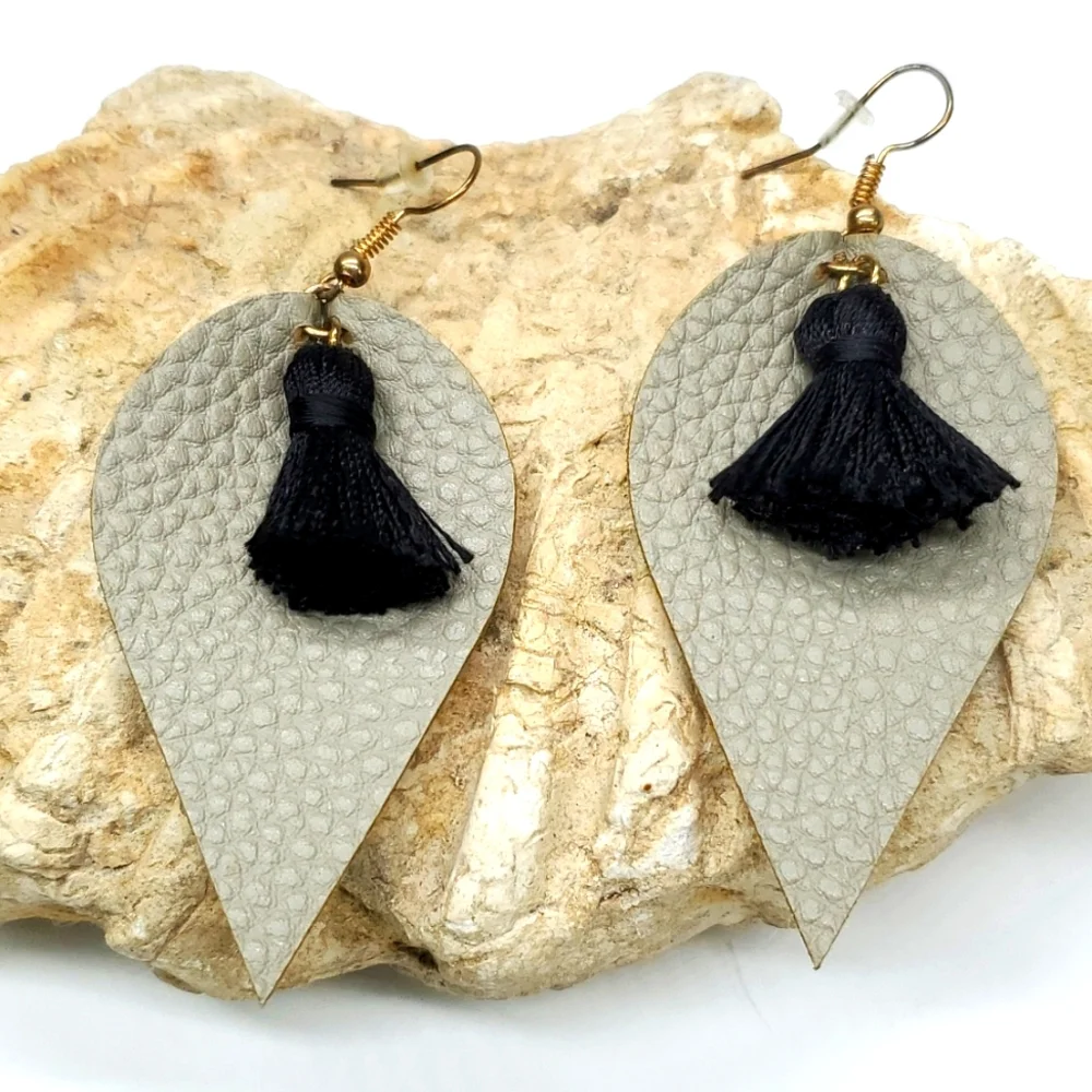 Gray Faux Leather with Black Tassel Dangly Pierced Earrings